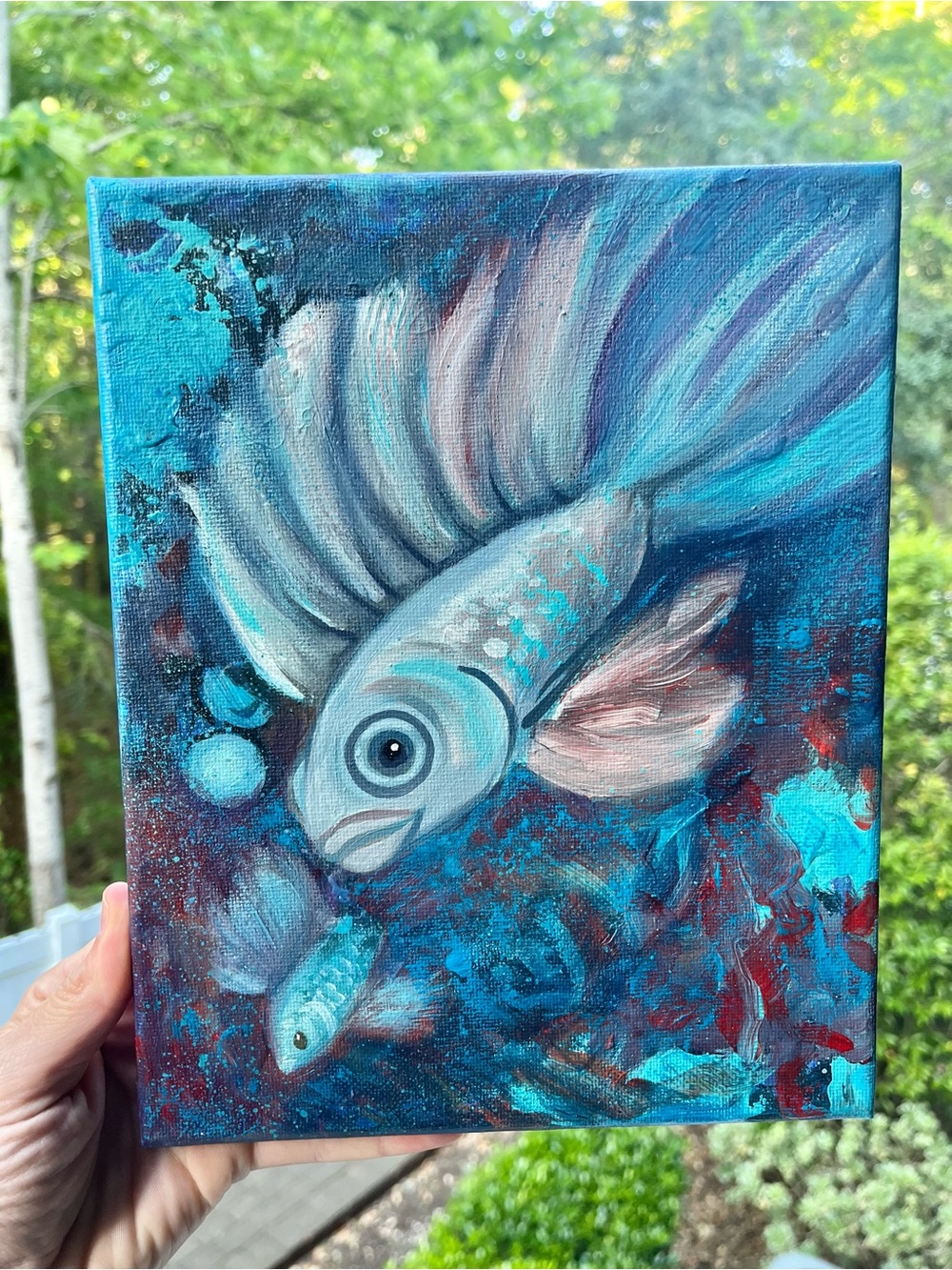 Fish Painting Canvas Wall Art - Teal Blue Fish Artwork by Jahde Art. 8”x10”